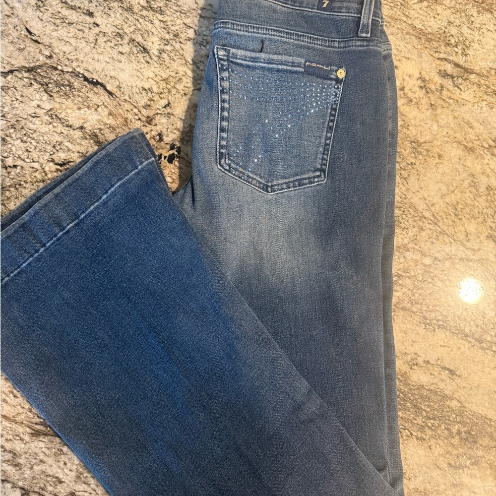 7 For All Mankind Women's Blue Bootcut Jeans with Pocket Embellishments